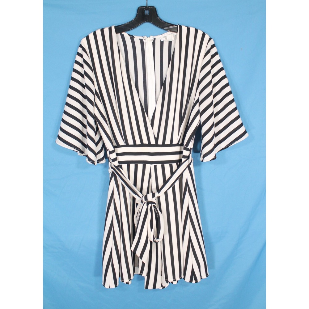 CES FEMME By MI-IN Crepe BLACK/WHITE STRIPES V-Neck TIE BELT Jumpsuit/Romper L